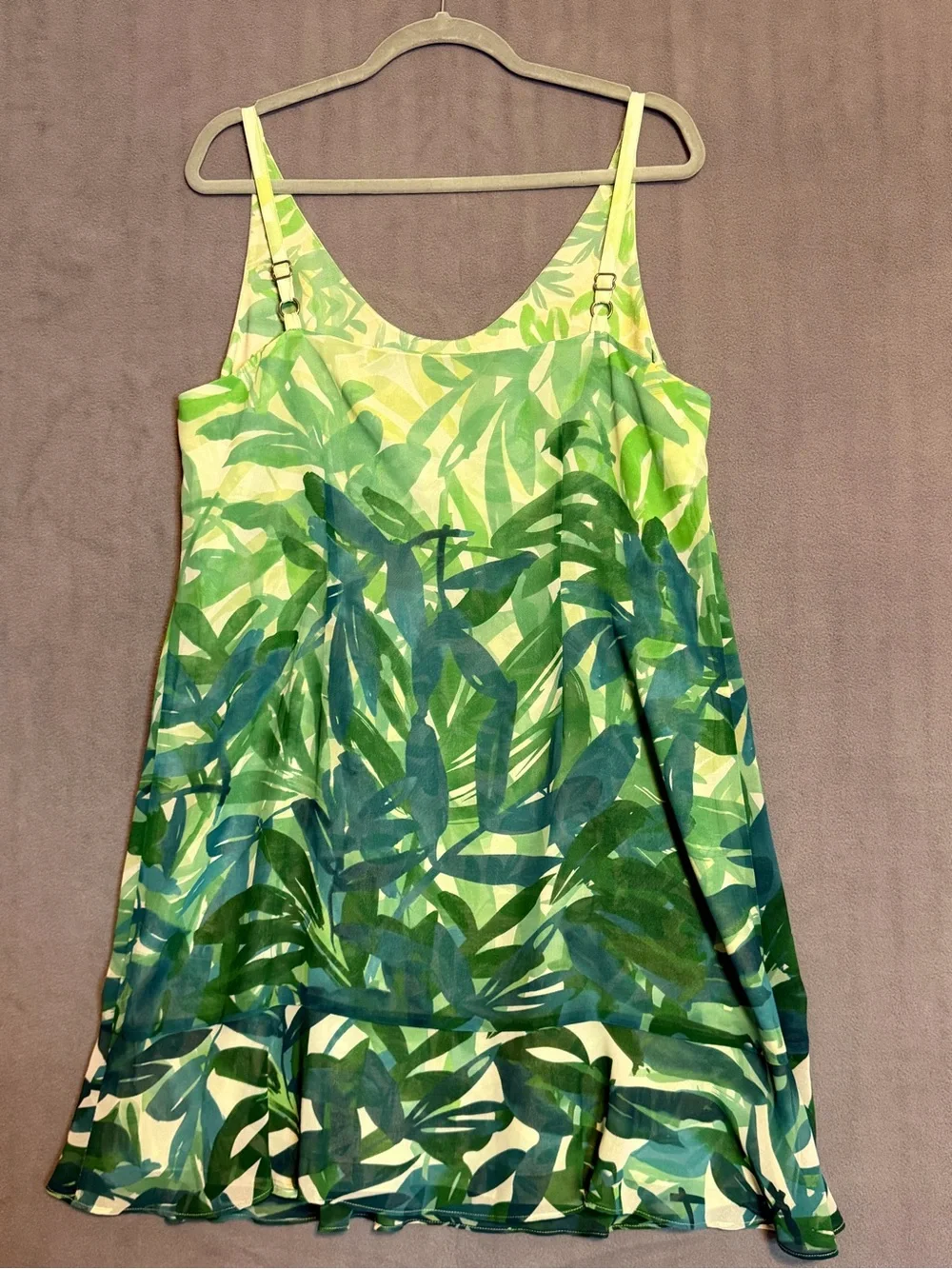 CAbi Castaway Dress Green Tropical Leaf Sleeveless Ruffle Trim Lined Sz L